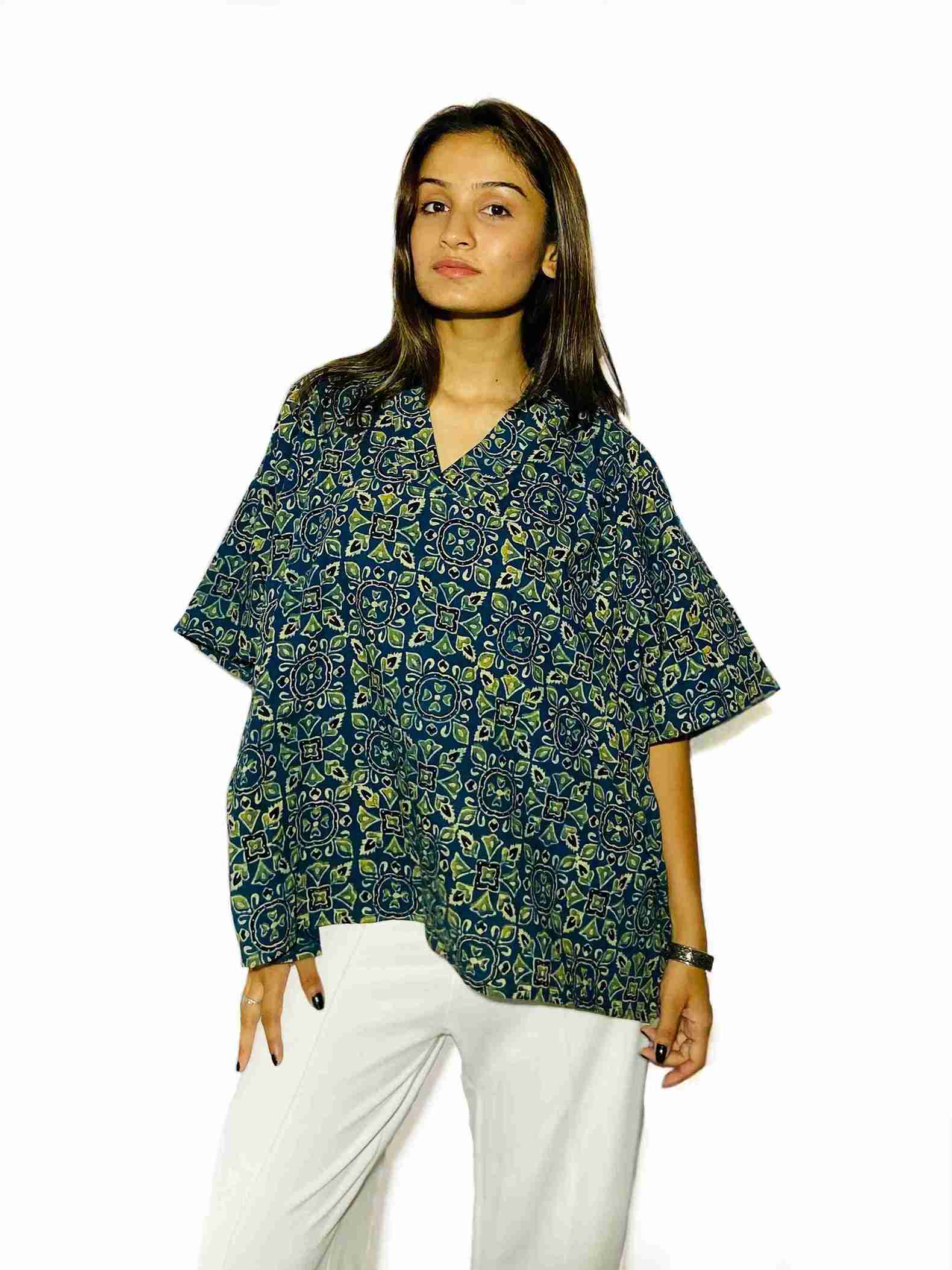 Indigo Garden Handblock Boxy Fit Shirt