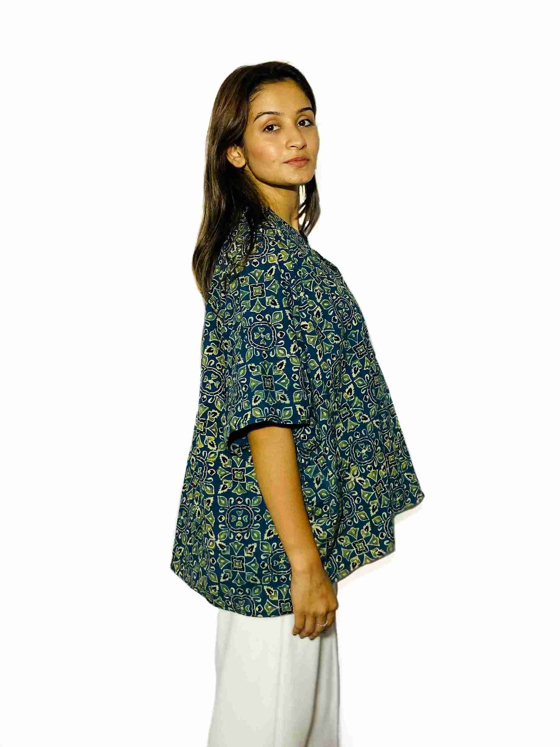 Indigo Garden Handblock Boxy Fit Shirt