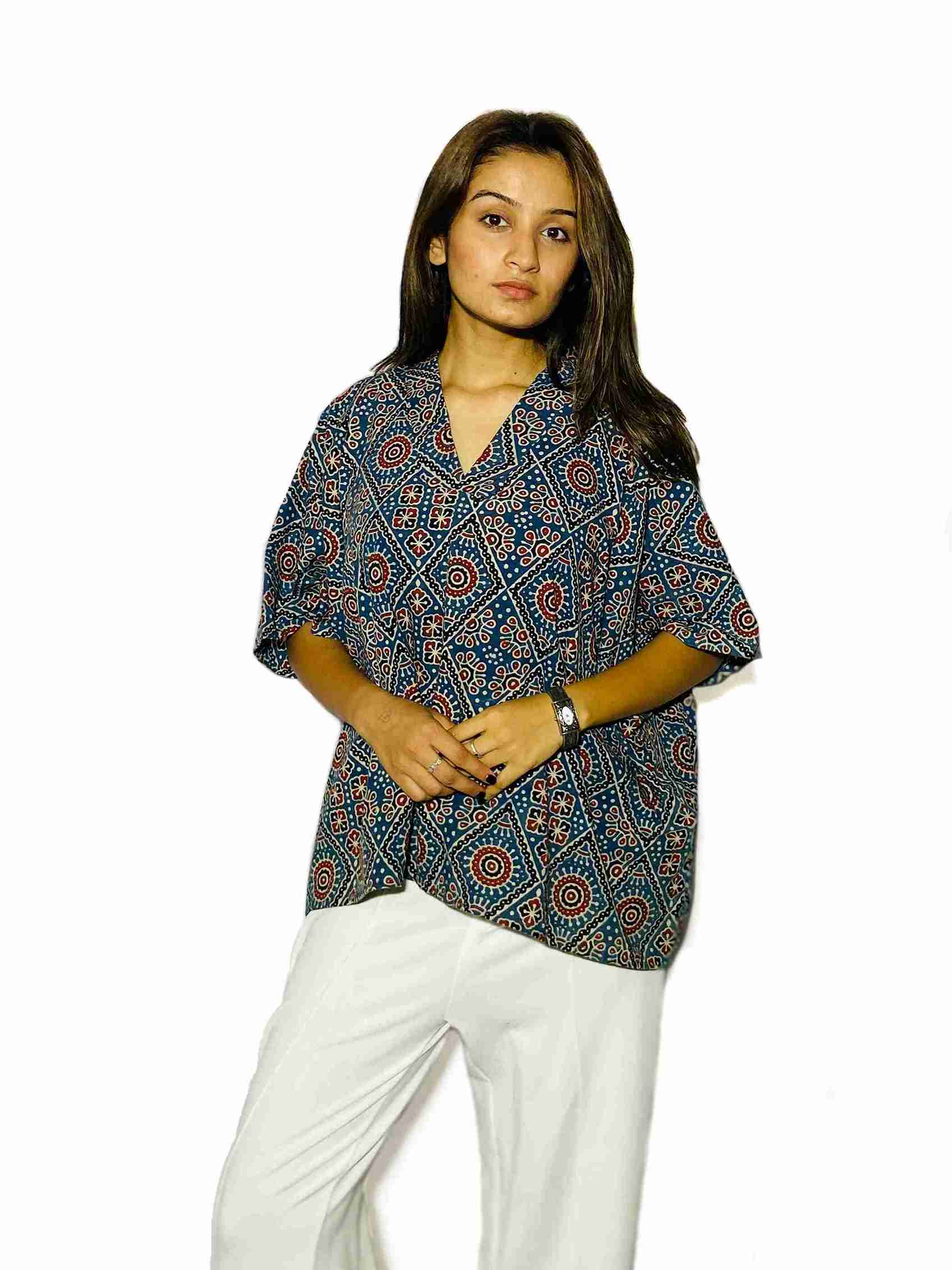 Indigo Charm Ajrakh Boxy Fit Shirt