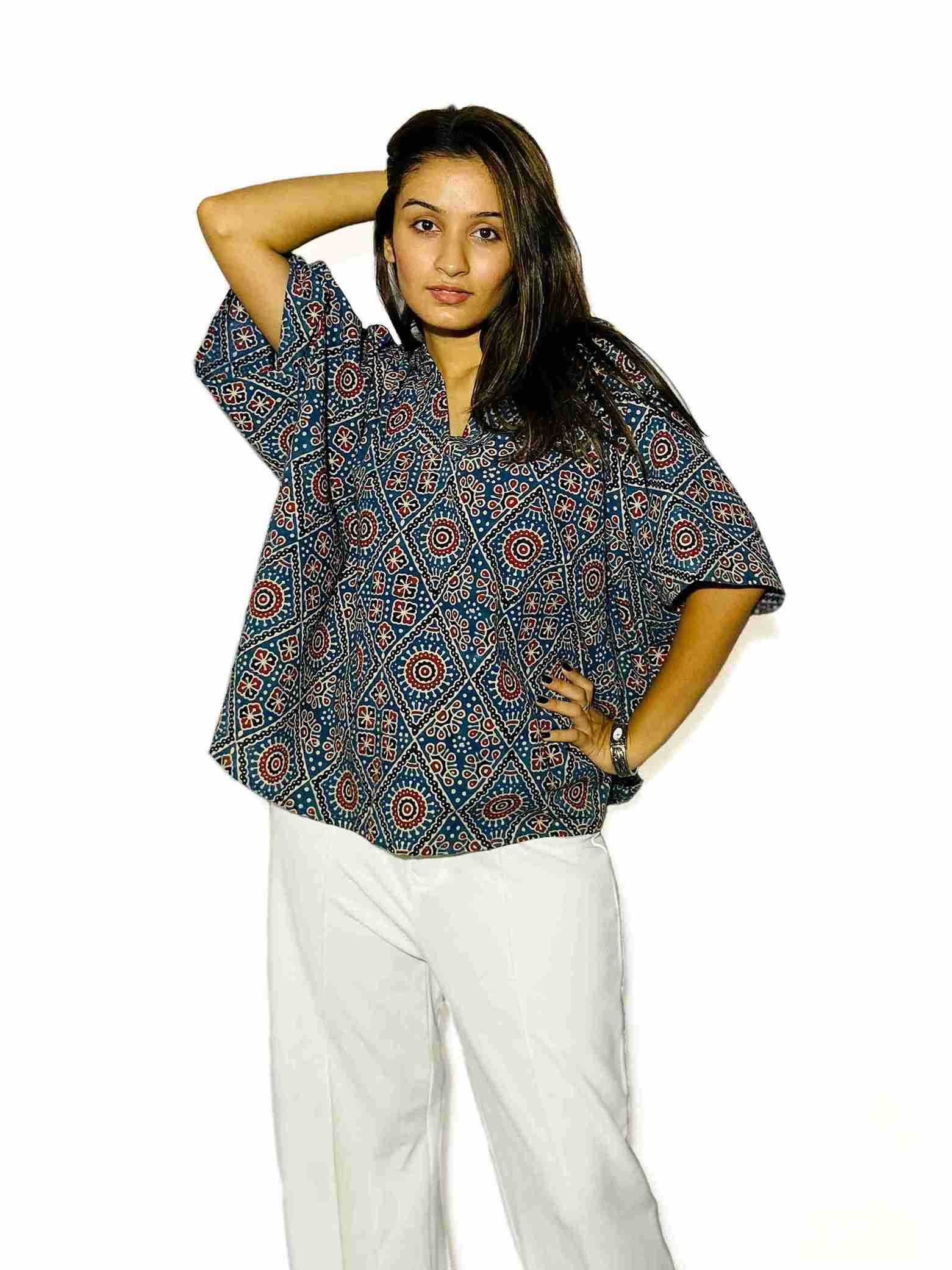 Indigo Charm Ajrakh Boxy Fit Shirt