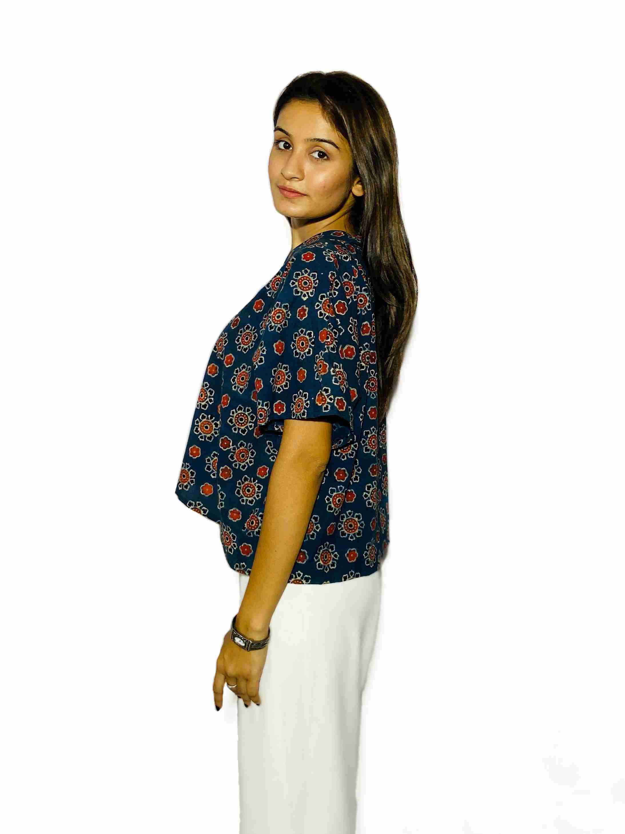 Indigo Blossom Handblock Boxy Shirt