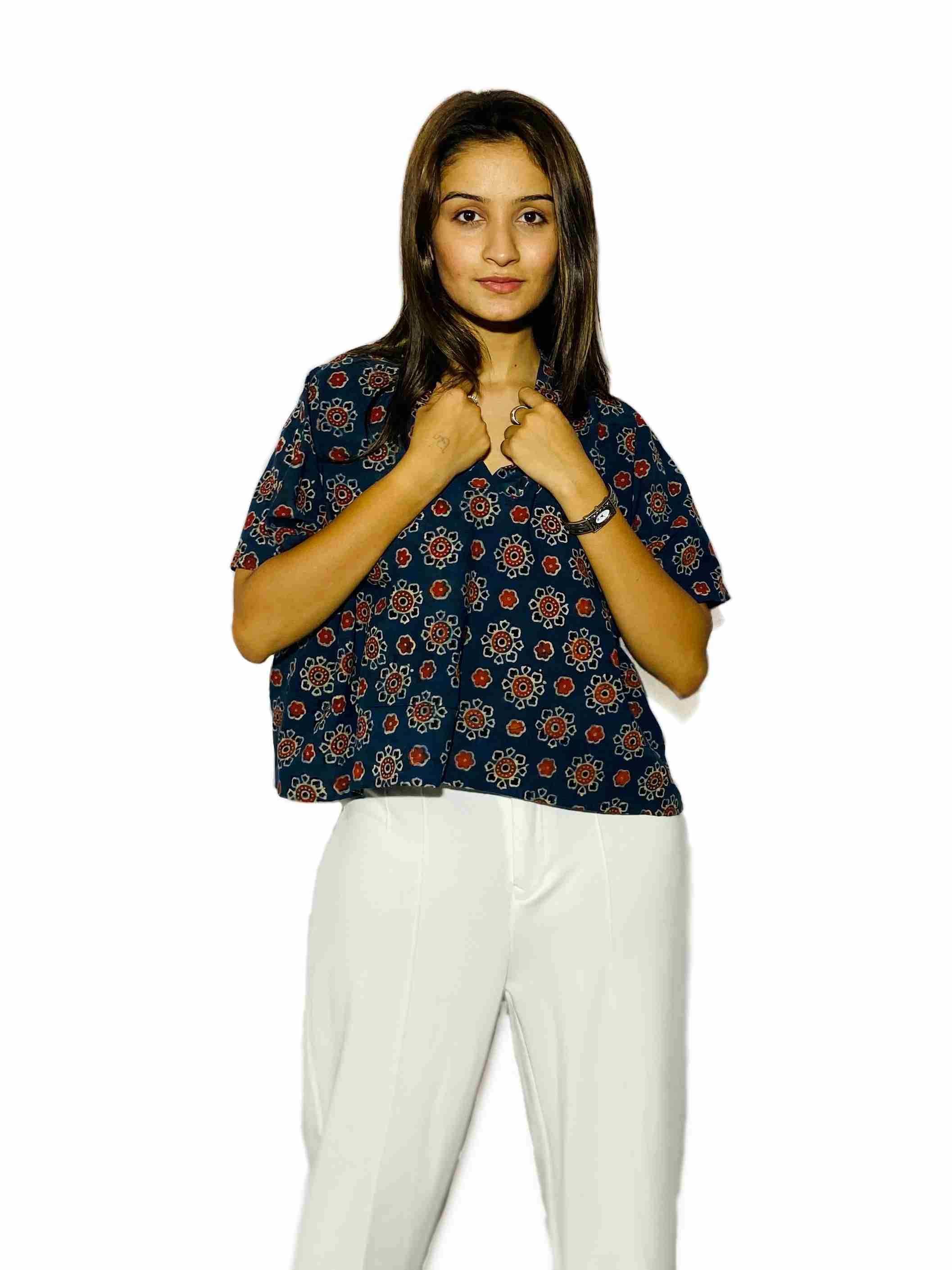 Indigo Blossom Handblock Boxy Shirt