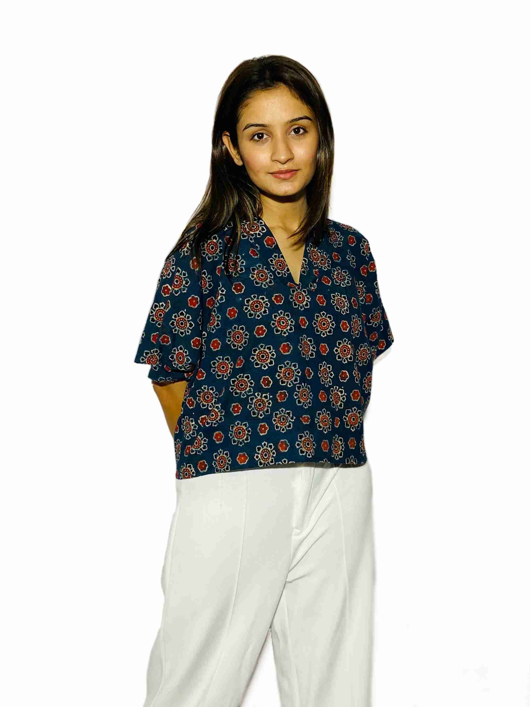 Indigo Blossom Handblock Boxy Shirt