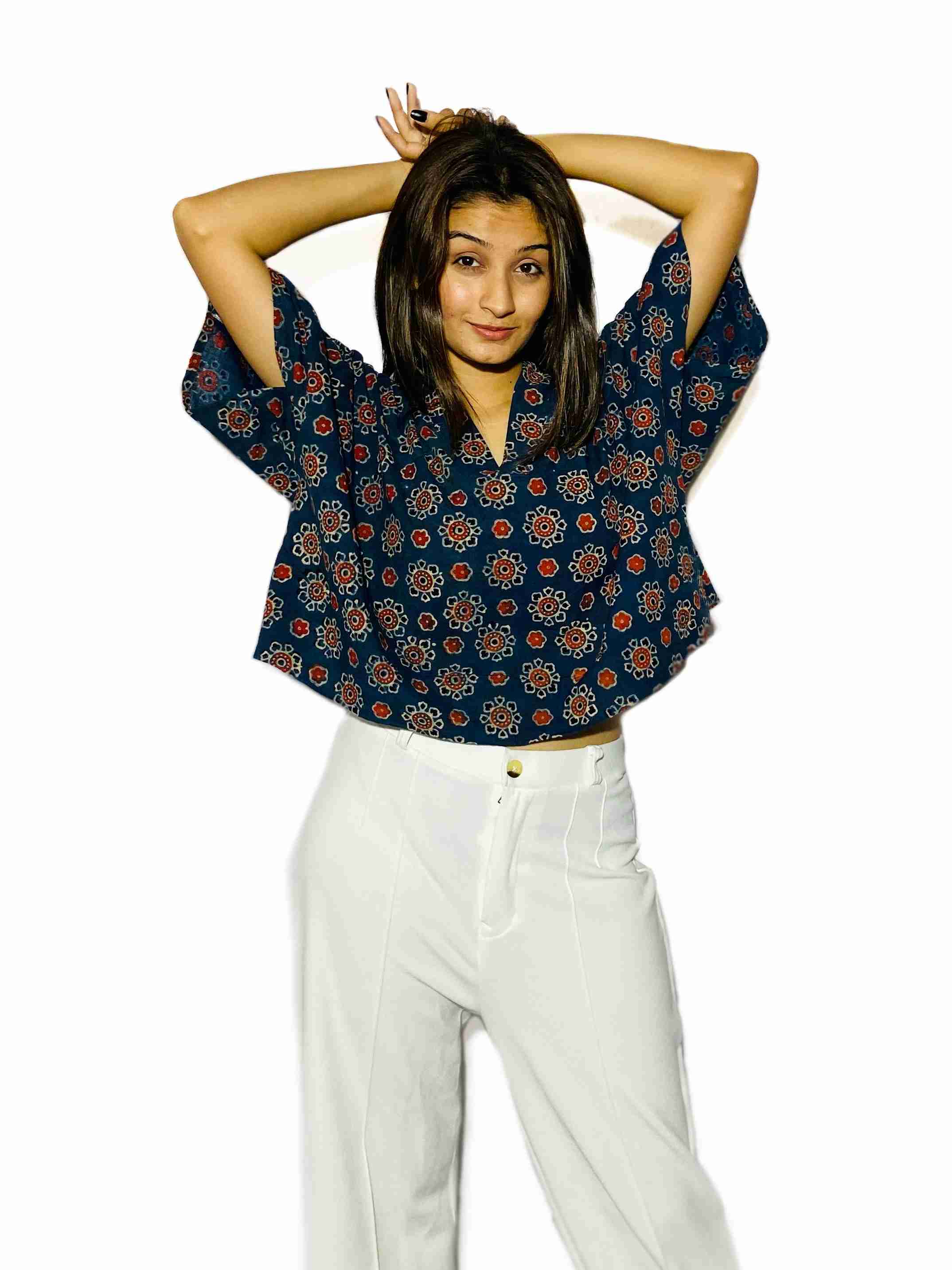 Indigo Blossom Handblock Boxy Shirt