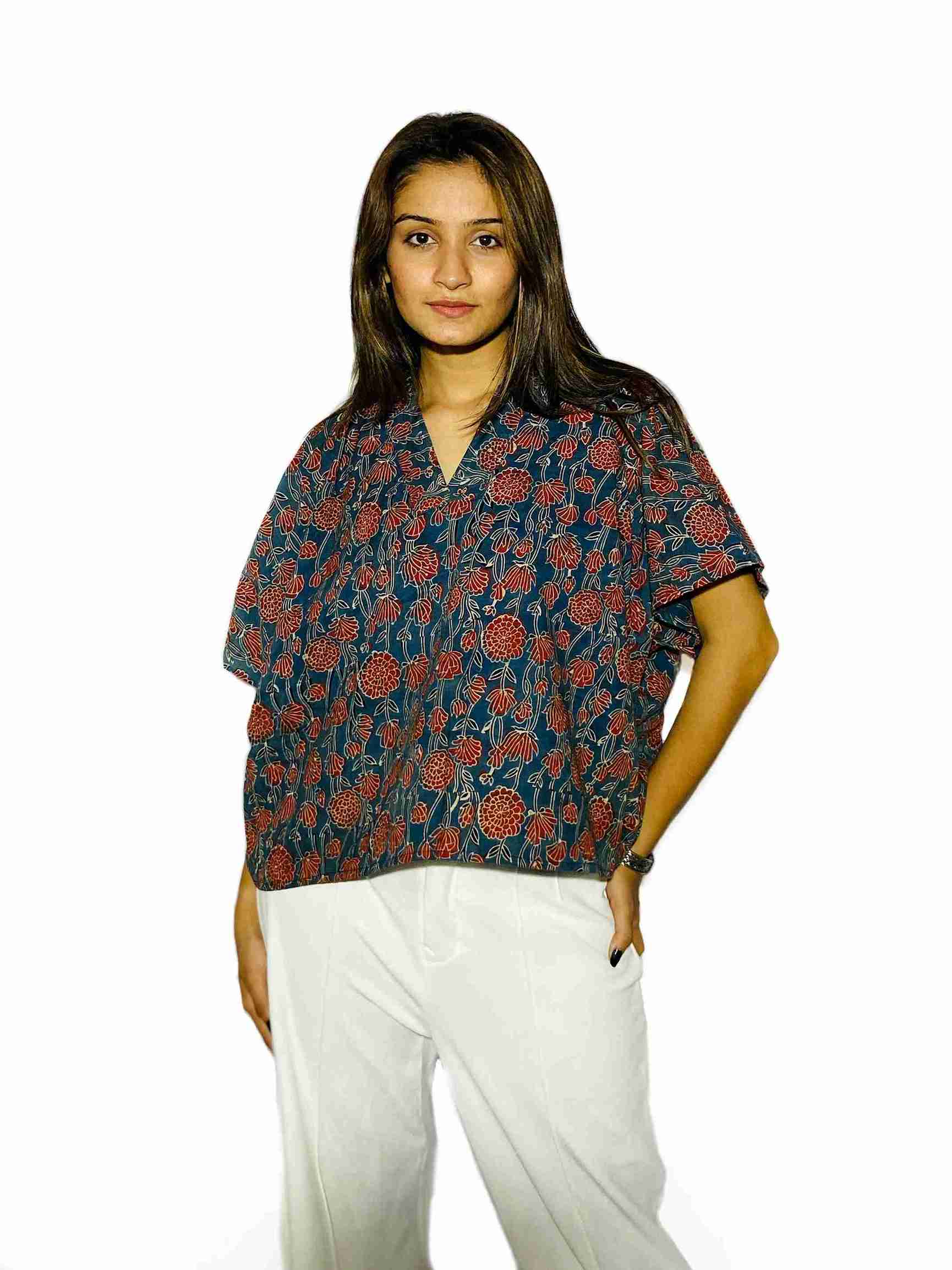 Rust Bloom Handblock Boxy Shirt