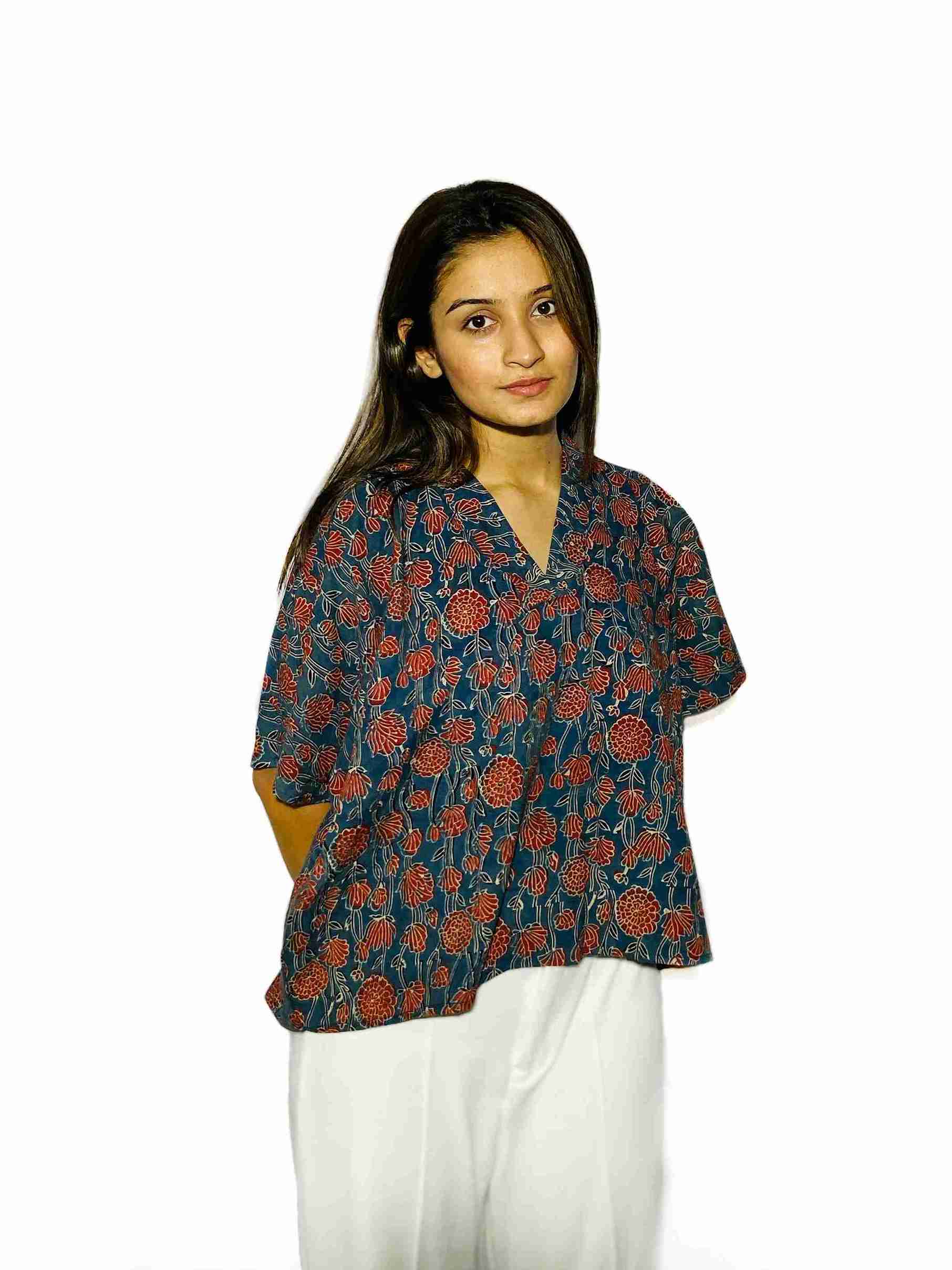 Rust Bloom Handblock Boxy Shirt