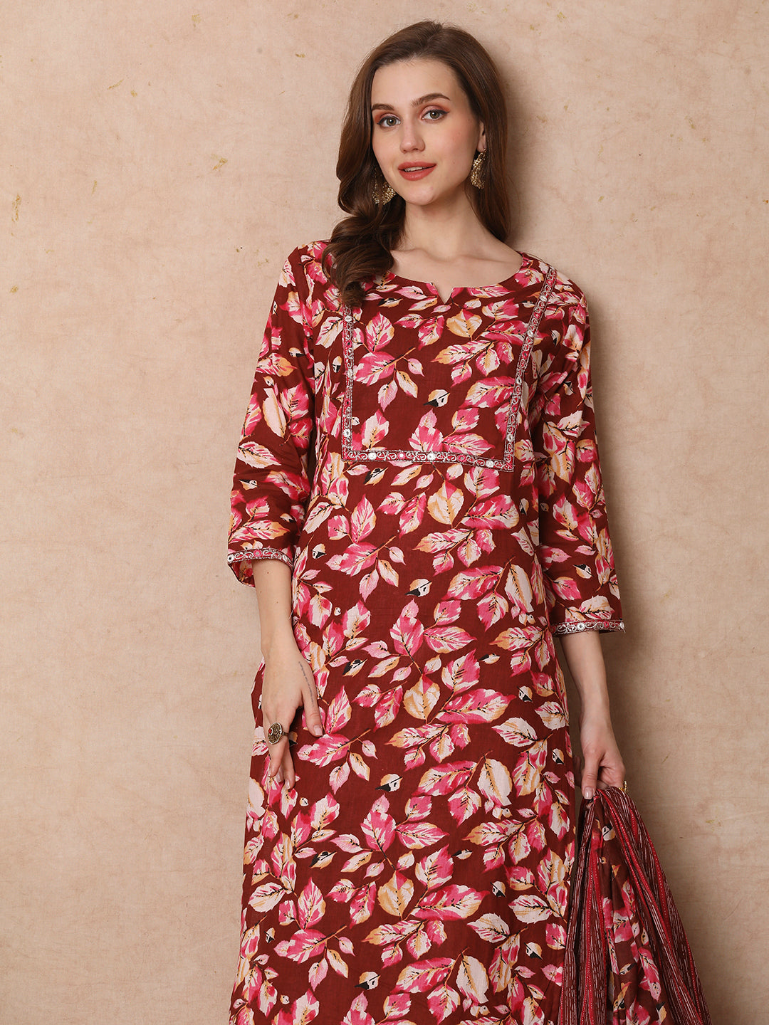 Ethnic Floral Printed Straight Fit Kurta with Pant & Dupatta