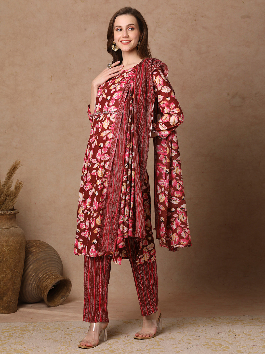 Ethnic Floral Printed Straight Fit Kurta with Pant & Dupatta