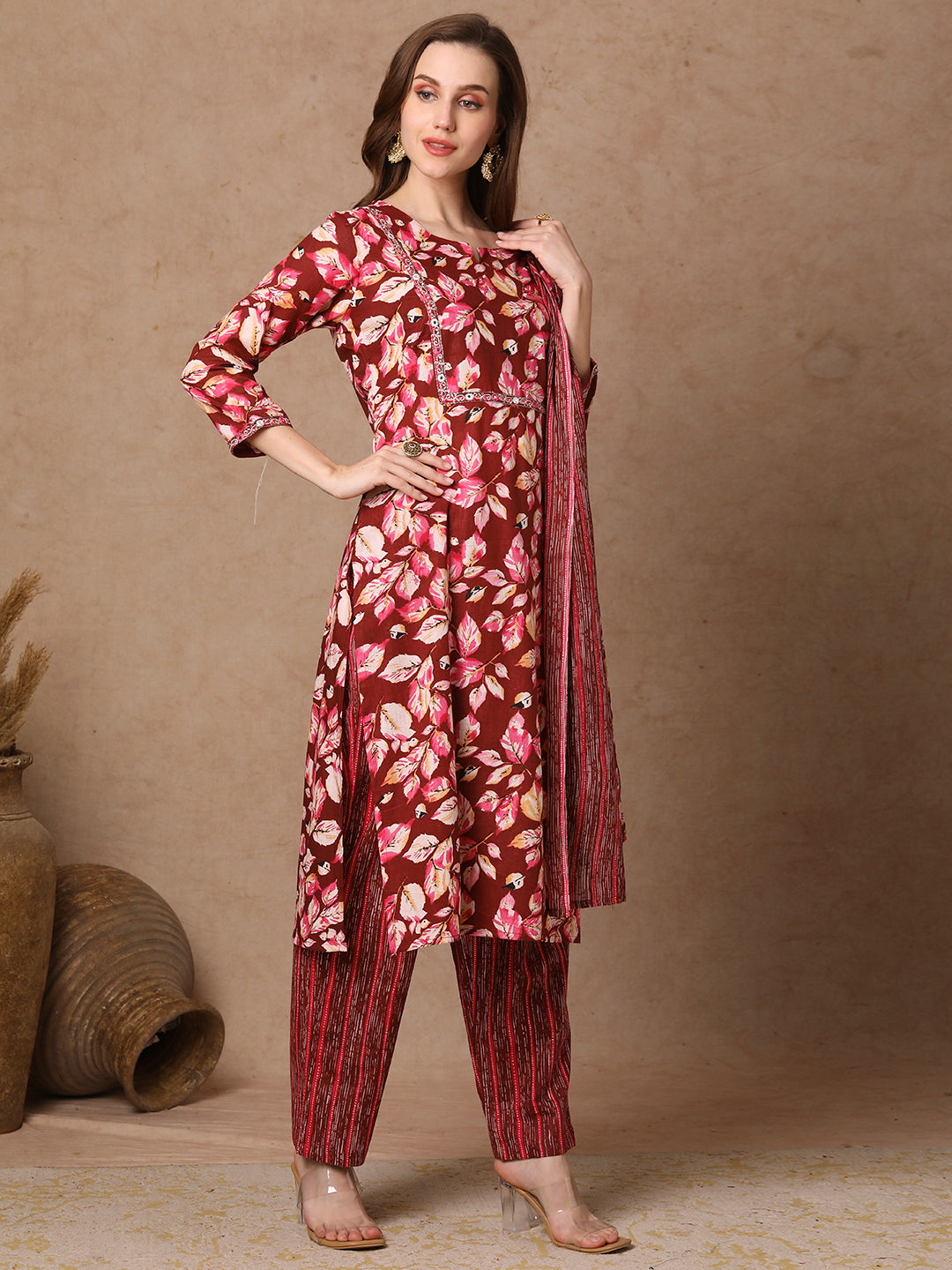 Ethnic Floral Printed Straight Fit Kurta with Pant & Dupatta