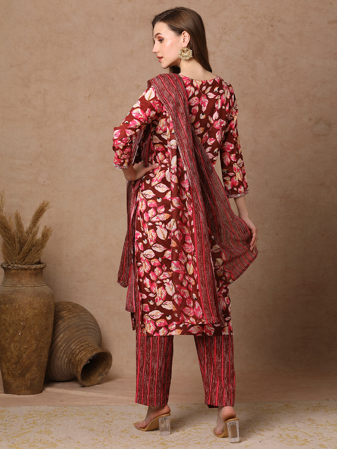 Ethnic Floral Printed Straight Fit Kurta with Pant & Dupatta