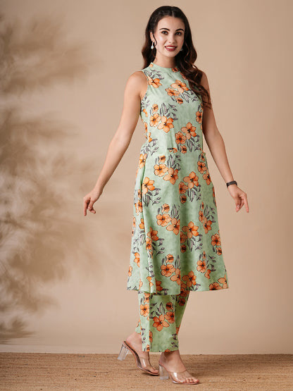 Floral Printed A-line Kurta with Palazzo - Green