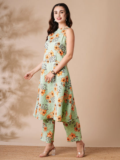 Floral Printed A-line Kurta with Palazzo - Green