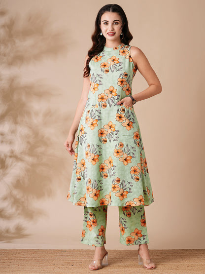 Floral Printed A-line Kurta with Palazzo - Green