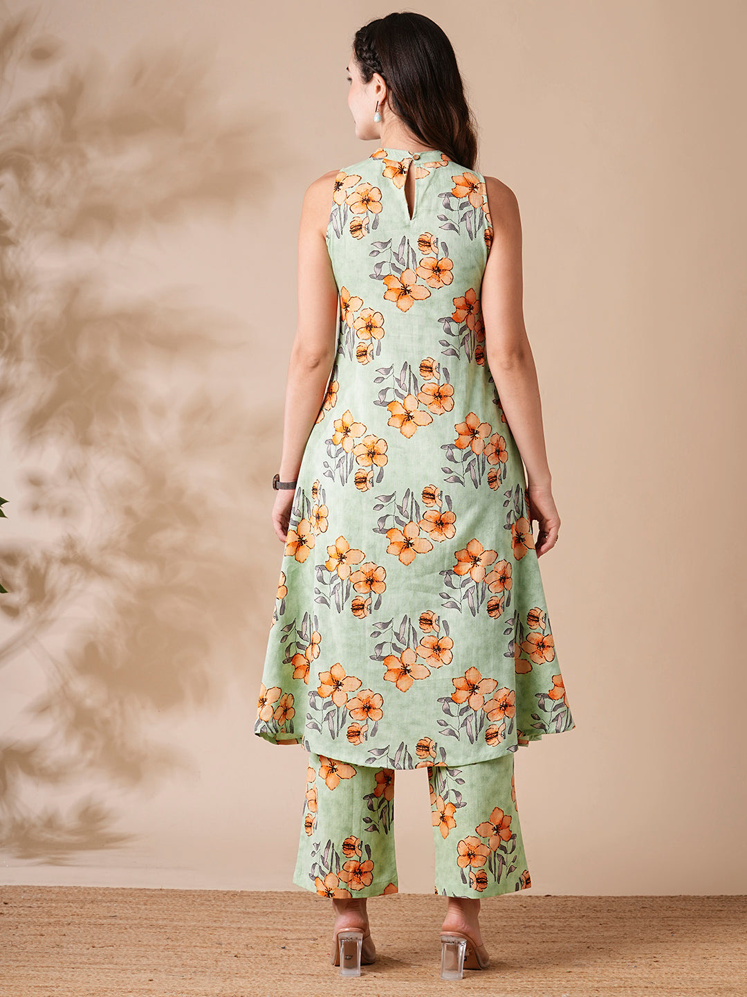 Floral Printed A-line Kurta with Palazzo - Green