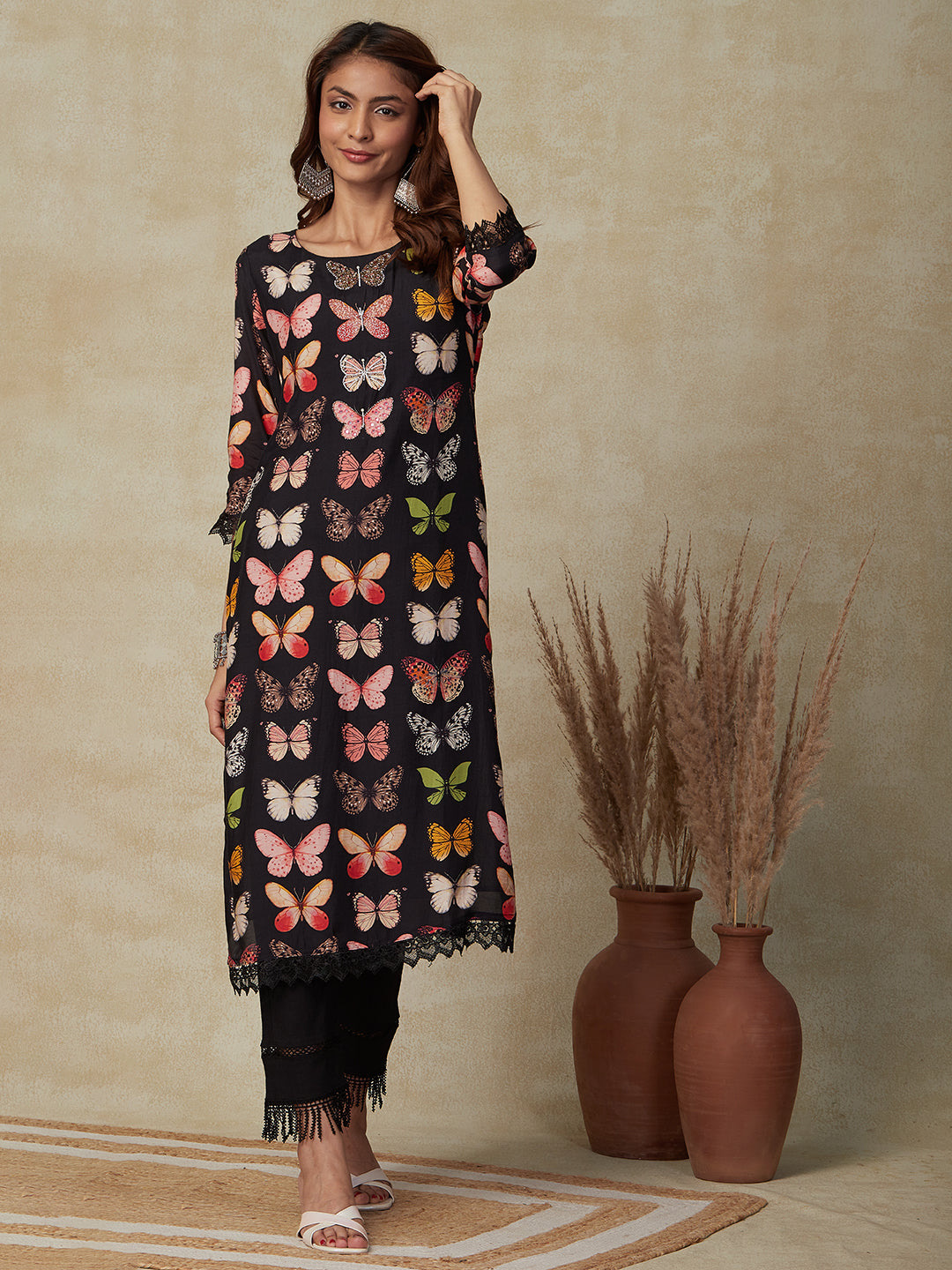 Butterfly Printed Cutdana, Beads & Mirror Embroidered Kurta with Polka Dotted Dupatta and pants - Black