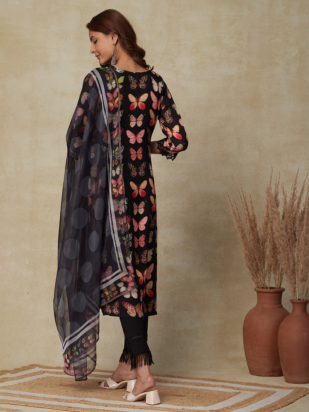 Butterfly Printed Cutdana, Beads & Mirror Embroidered Kurta with Polka Dotted Dupatta and pants - Black