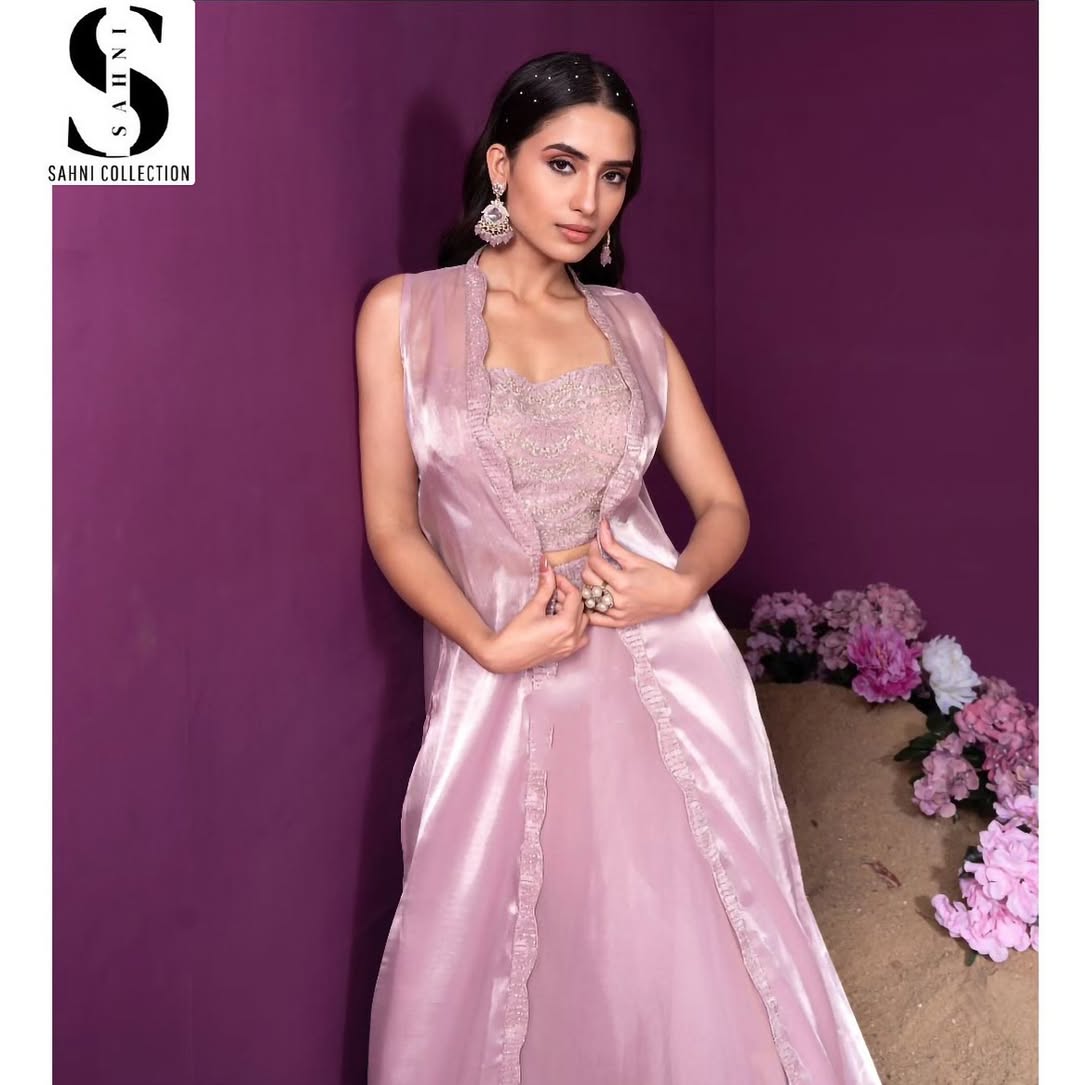 Skirt blouse with gown shrug sequins and zari work