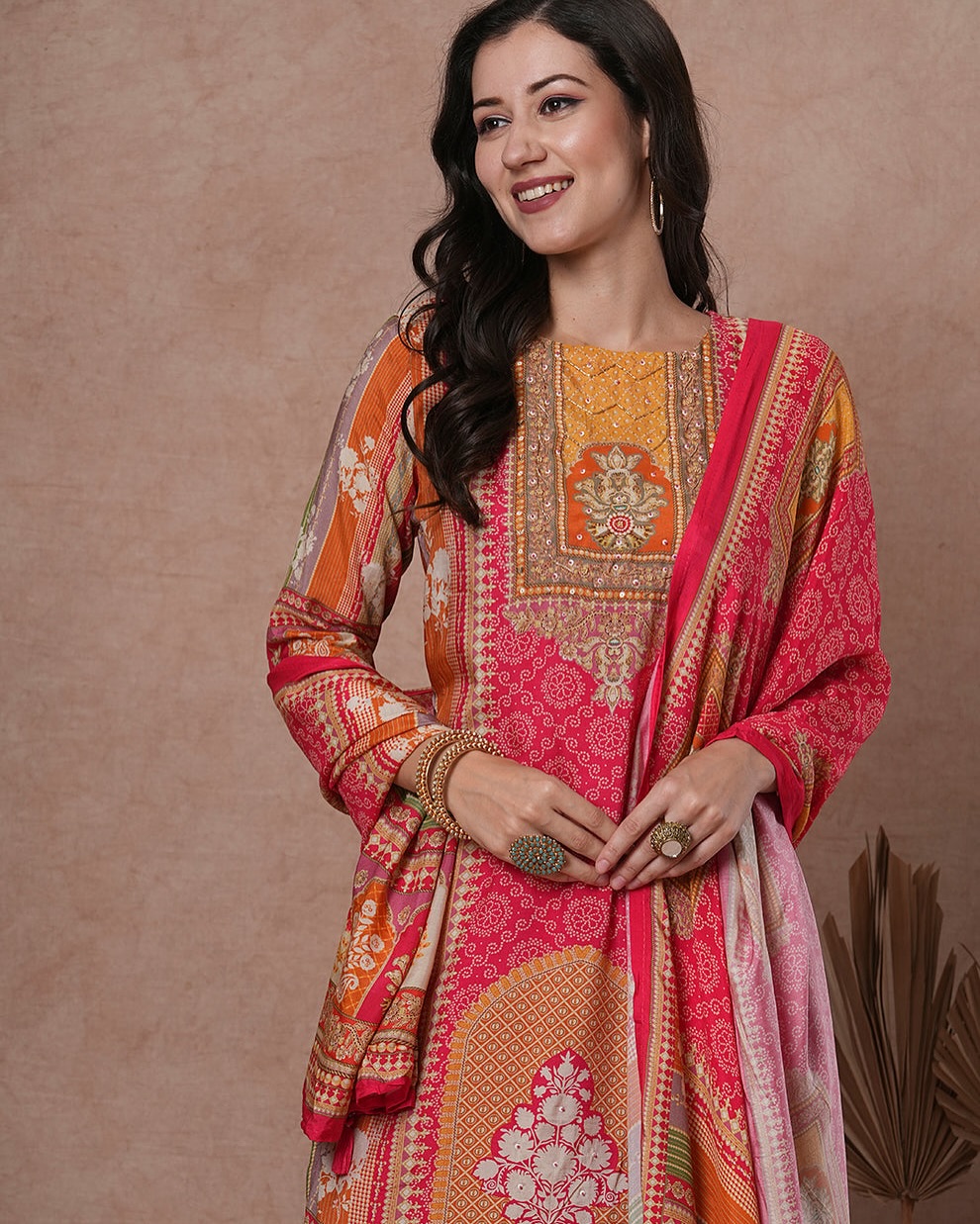 Ethnic Stripes Printed & Embroidered Straight Fit Kurta with Pant and Dupatta - Multi