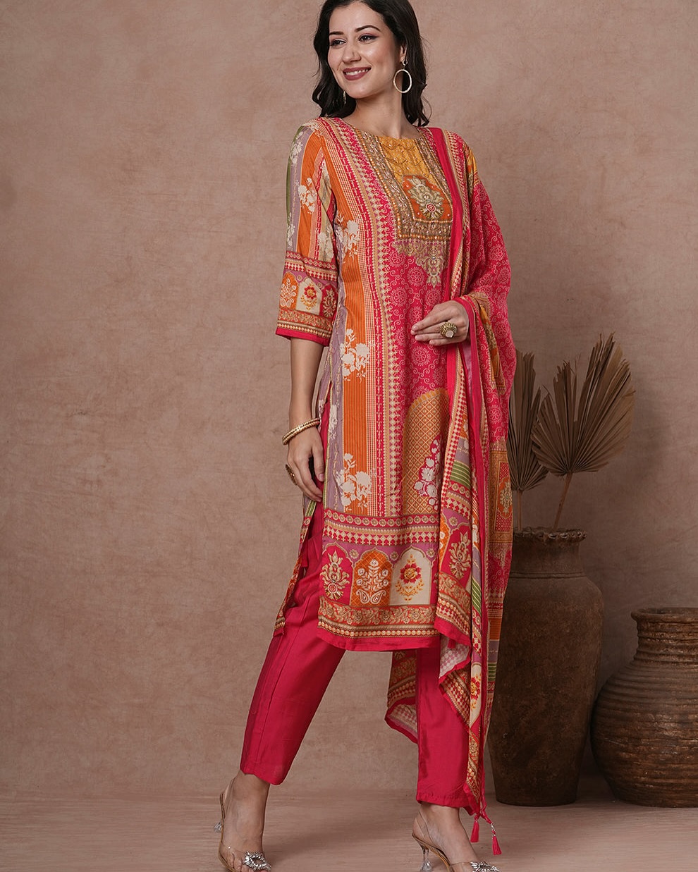 Ethnic Stripes Printed & Embroidered Straight Fit Kurta with Pant and Dupatta - Multi
