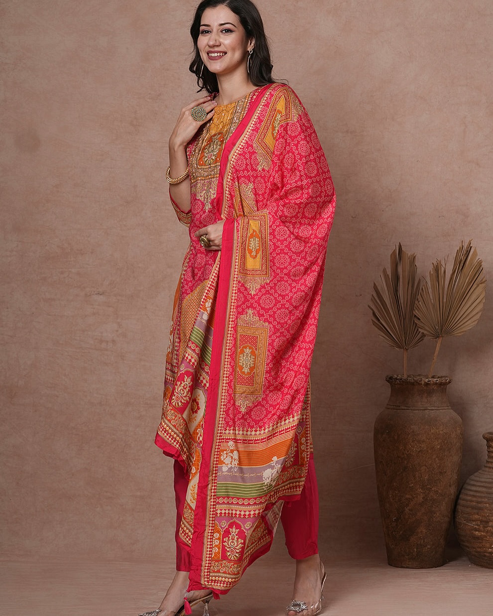 Ethnic Stripes Printed & Embroidered Straight Fit Kurta with Pant and Dupatta - Multi