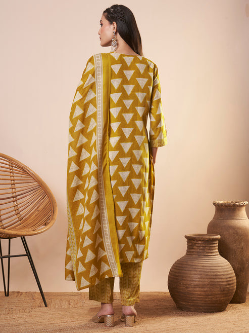 Ethnic Printed & Embroidered Straight Kurta with Pant and Dupatta - Mustard