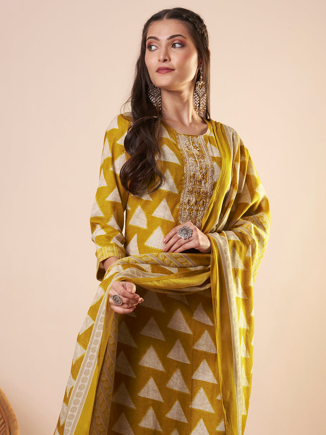 Ethnic Printed & Embroidered Straight Kurta with Pant and Dupatta - Mustard
