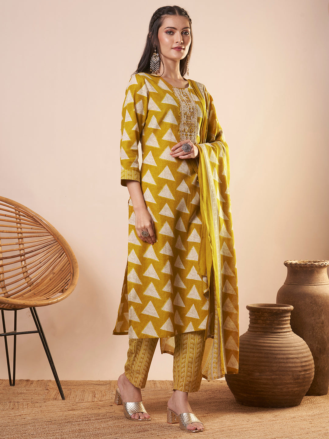 Ethnic Printed & Embroidered Straight Kurta with Pant and Dupatta - Mustard