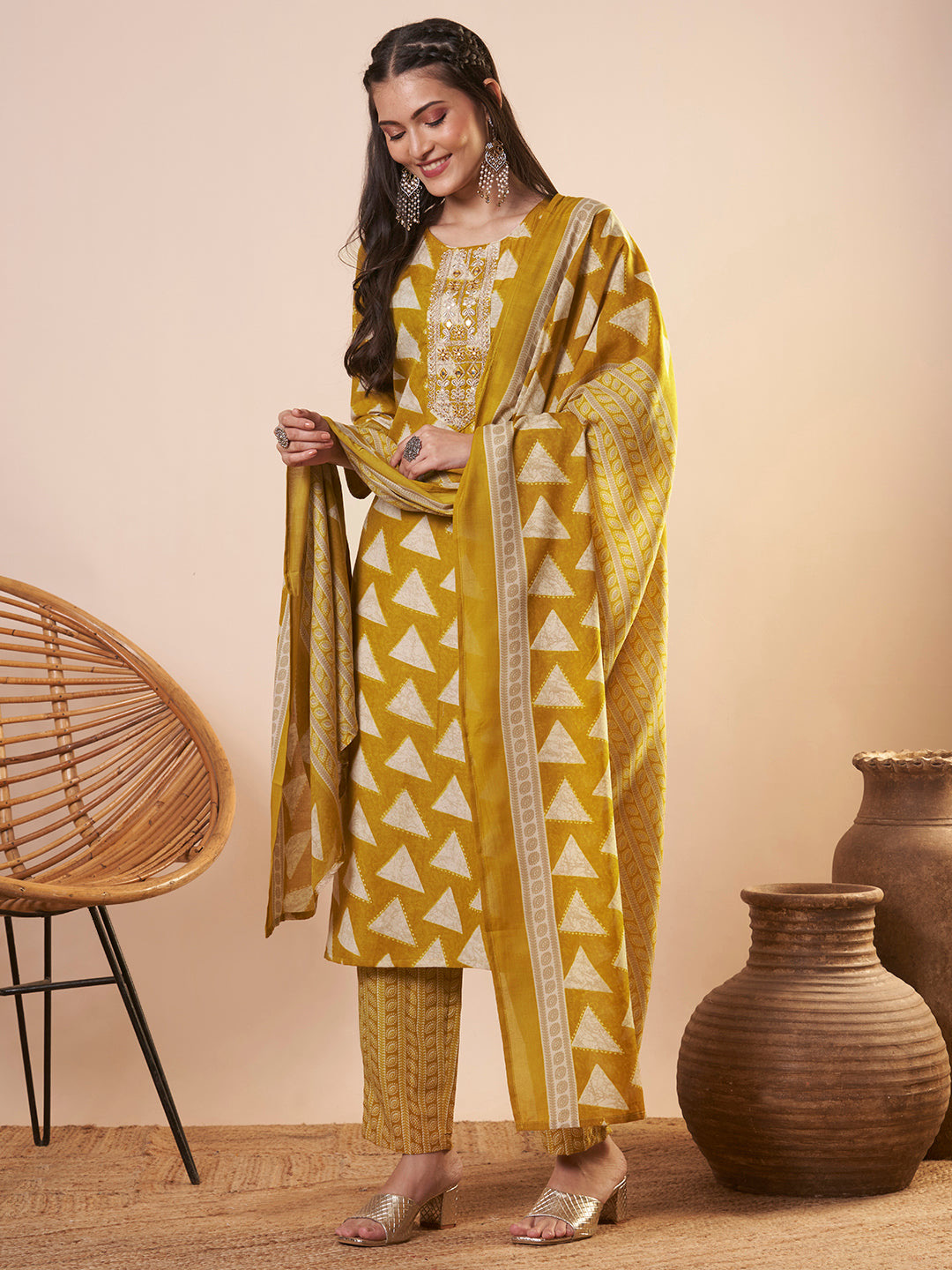 Ethnic Printed & Embroidered Straight Kurta with Pant and Dupatta - Mustard