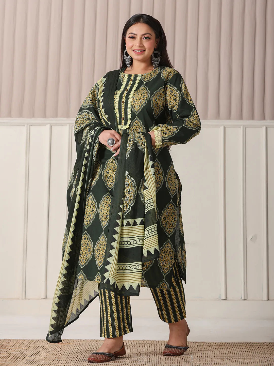 Green Block Print Cotton Lace Work Plus Size Kurta Set With Pant & Dupatta