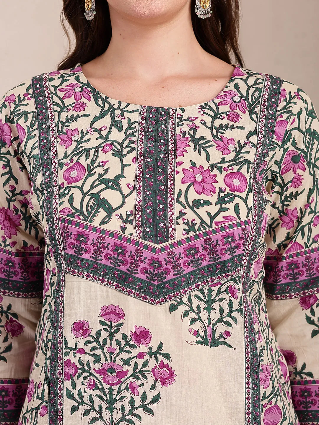 Purple And Beige Pure Cotton Floral Sequins Work Kurta Dupatta Set