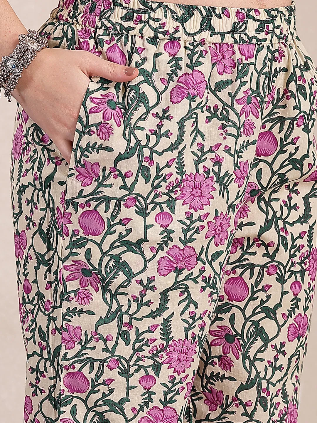 Purple And Beige Pure Cotton Floral Sequins Work Kurta Dupatta Set