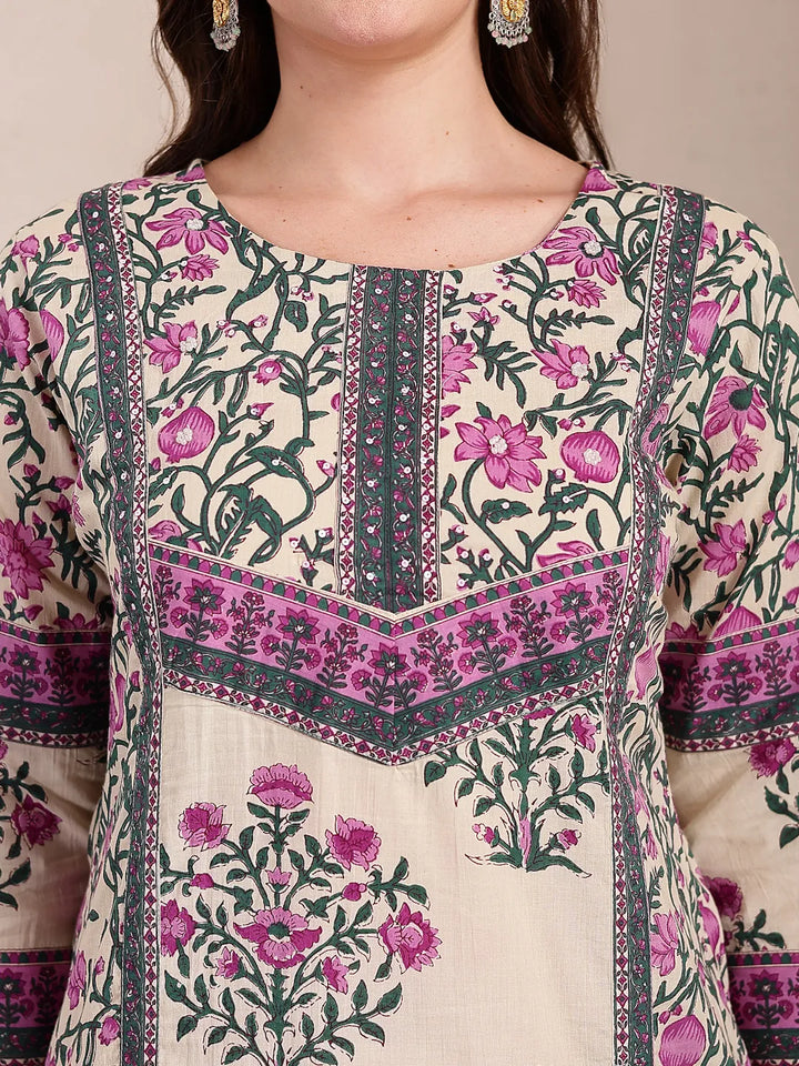 Purple And Beige Pure Cotton Floral Sequins Work Kurta Dupatta Set