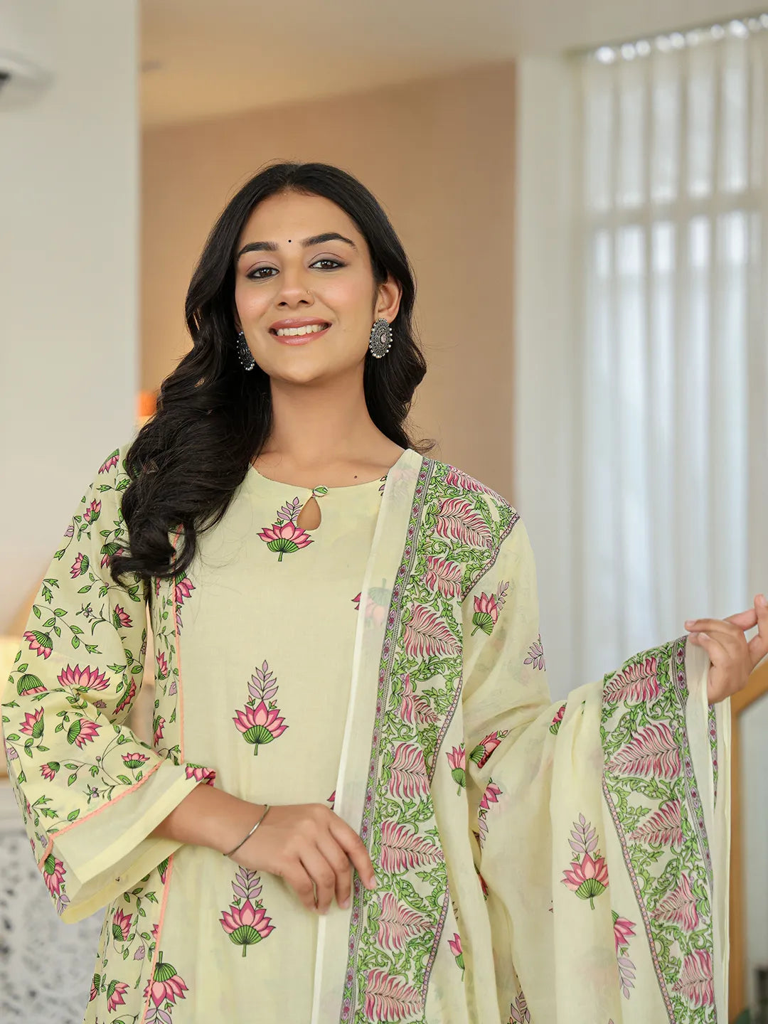 Yellow Cotton Straight Floral Print Kurta Dupatta Set