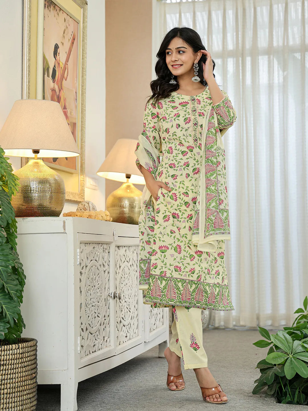 Yellow Cotton Straight Floral Print Kurta Dupatta Set