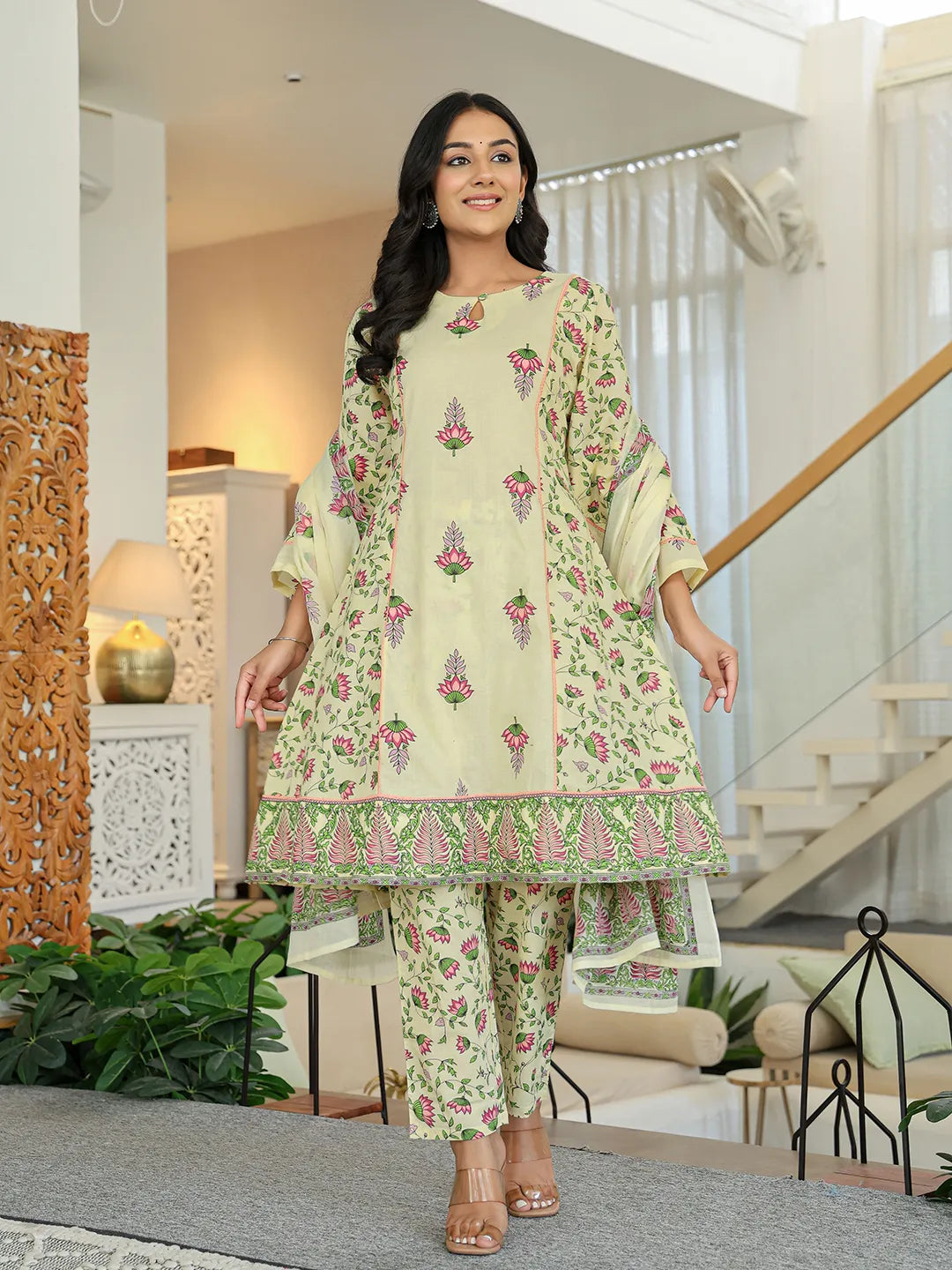 Yellow Cotton Straight Floral Print Kurta Dupatta Set