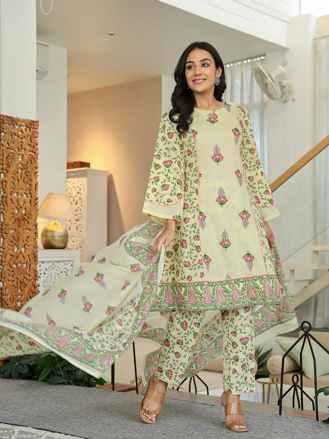Yellow Cotton Straight Floral Print Kurta Dupatta Set