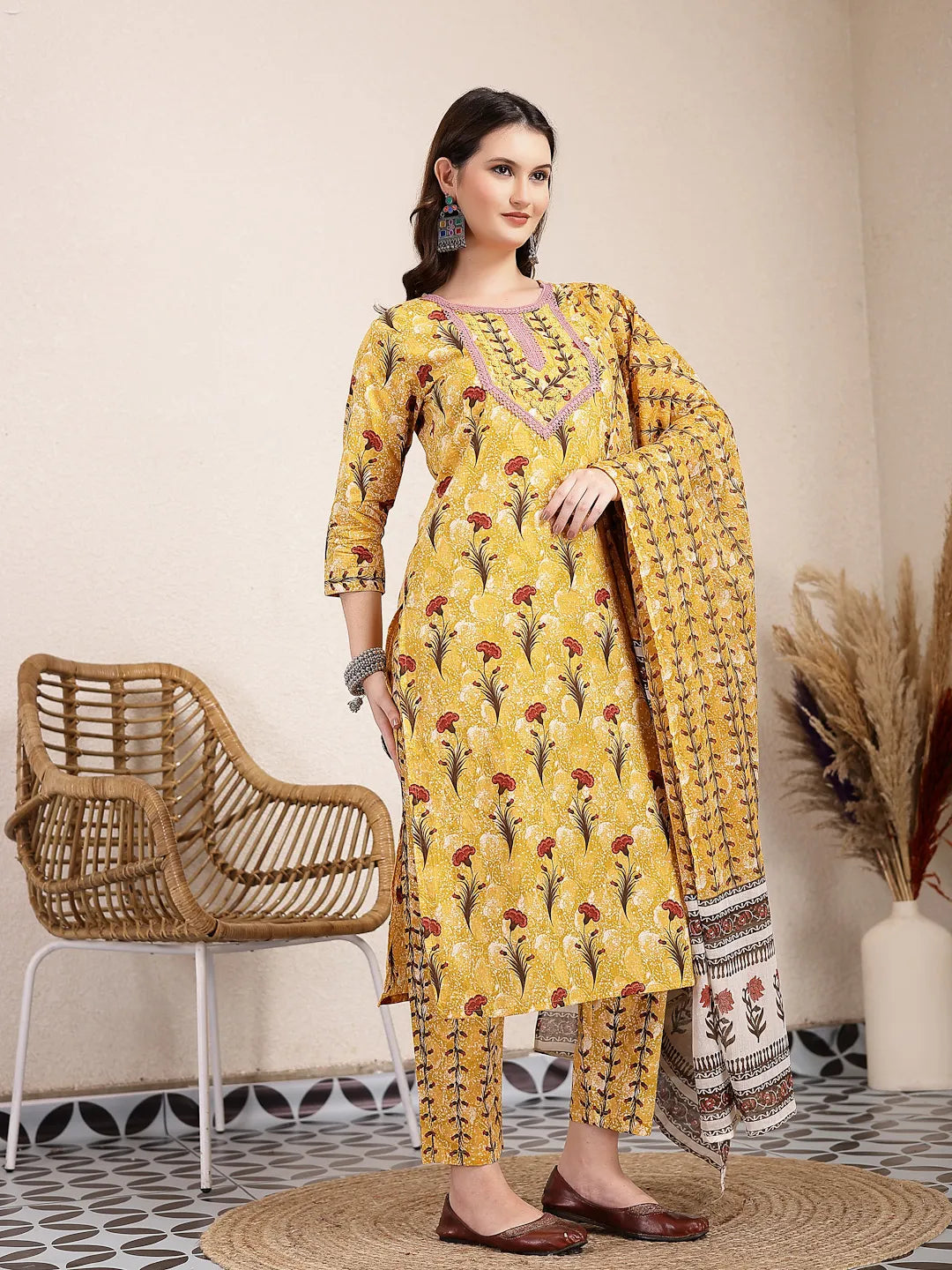 Mustard Cotton Lace Work On Yoke Straight Kurta Dupatta Pant Set