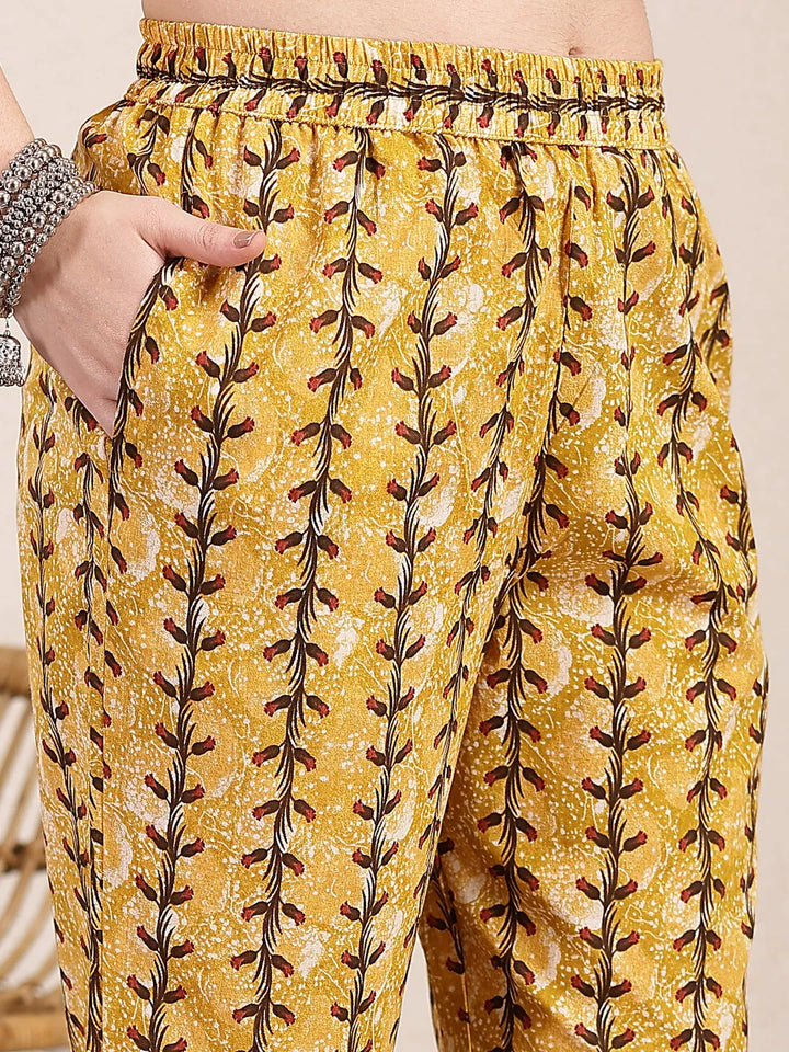 Mustard Cotton Lace Work On Yoke Straight Kurta Dupatta Pant Set