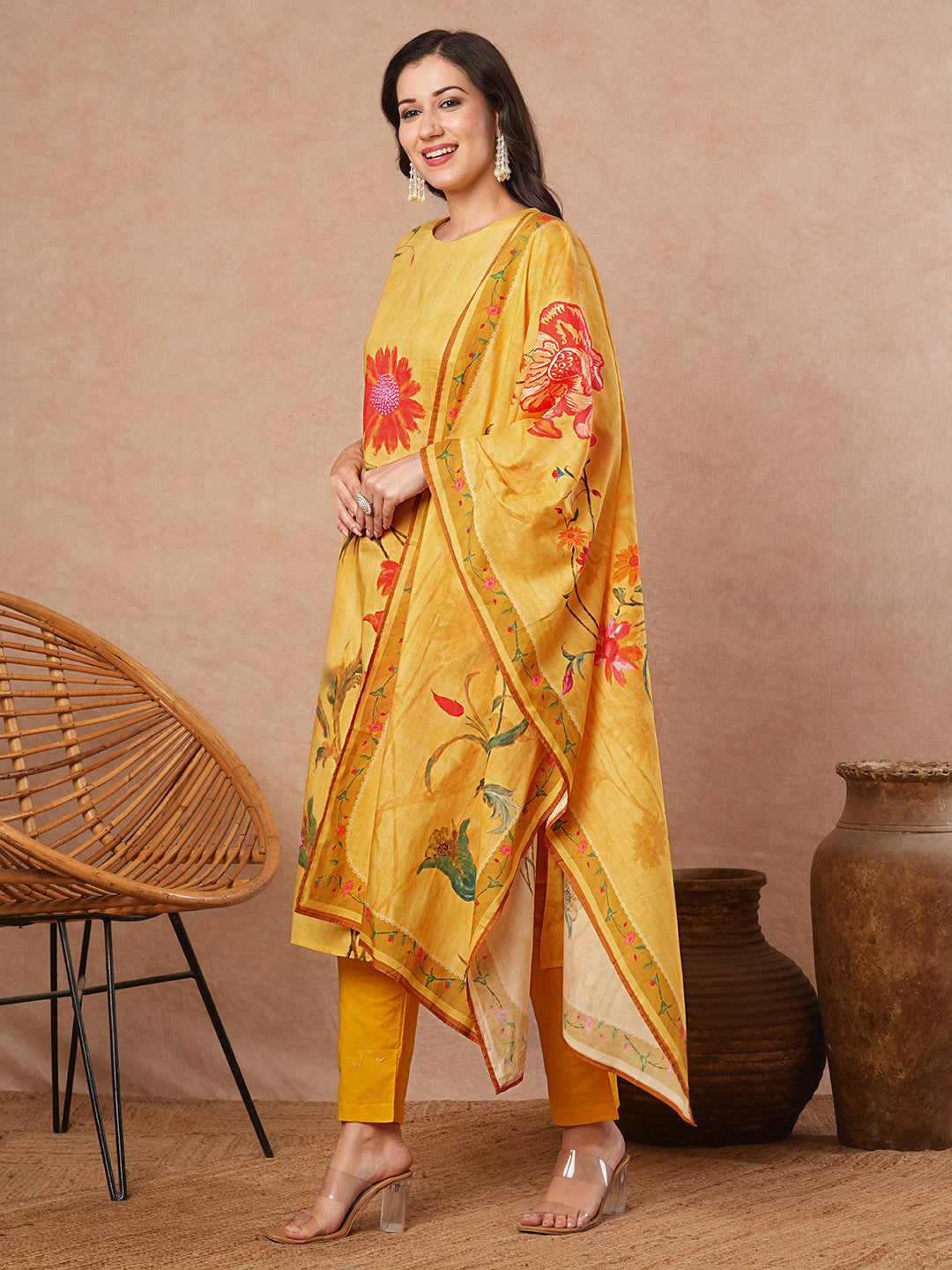 Floral Printed Straight Fit Kurta with Pant and Dupatta - Yellow