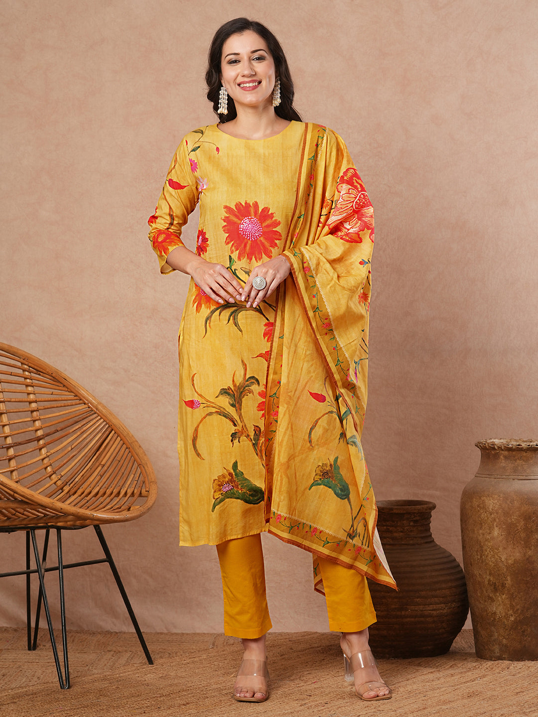 Floral Printed Straight Fit Kurta with Pant and Dupatta - Yellow
