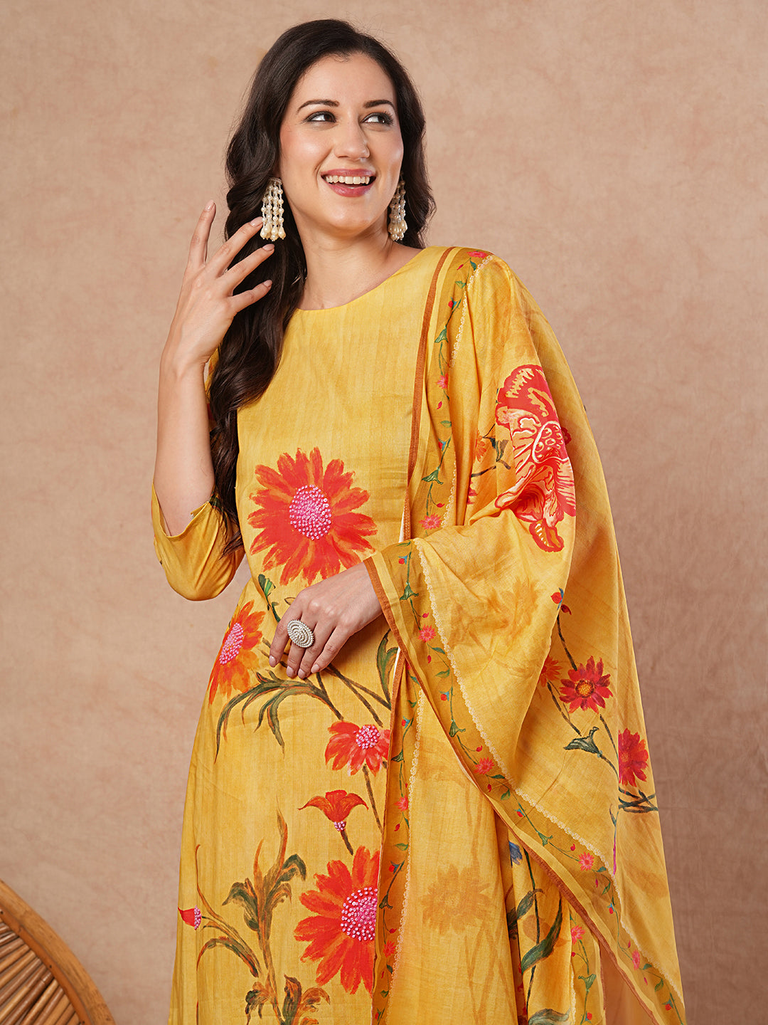 Floral Printed Straight Fit Kurta with Pant and Dupatta - Yellow