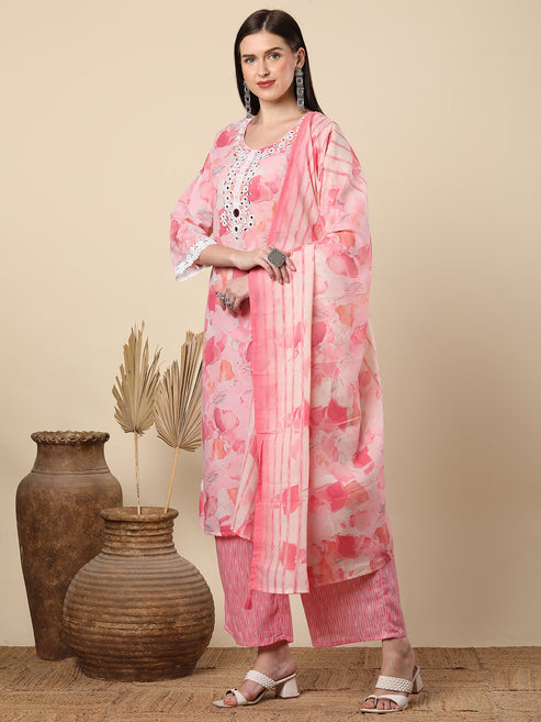 Abstract Printed & Mirror Embroidered Straight Kurta with Palazzo & Dupatta - Pink