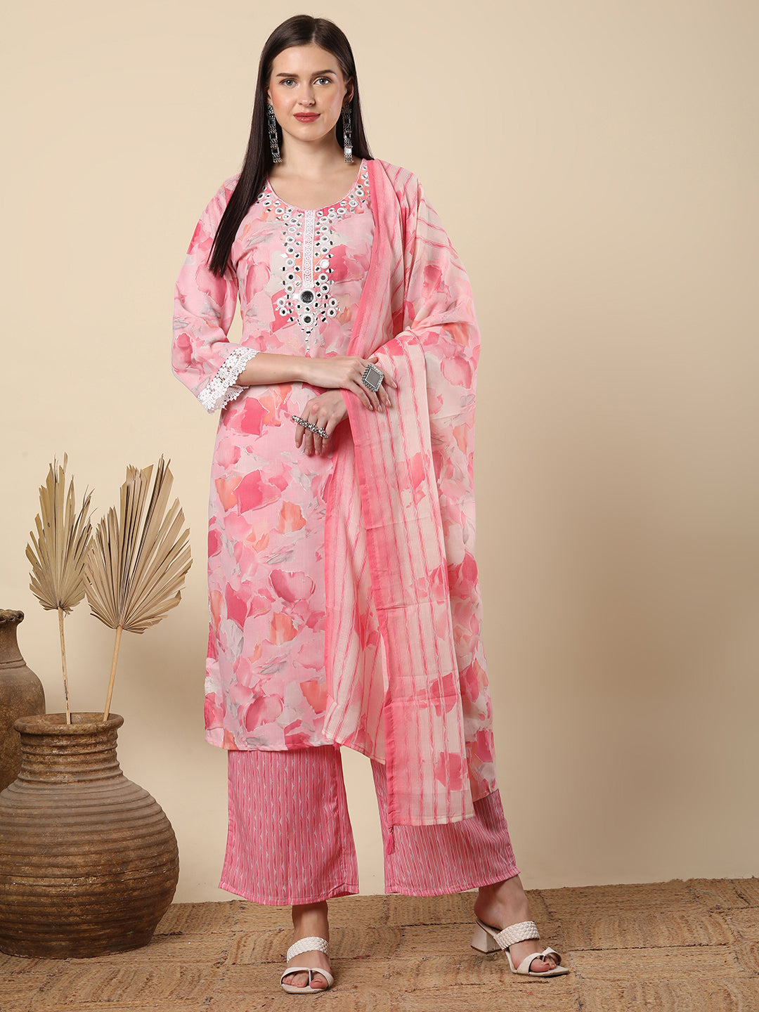 Abstract Printed & Mirror Embroidered Straight Kurta with Palazzo & Dupatta - Pink