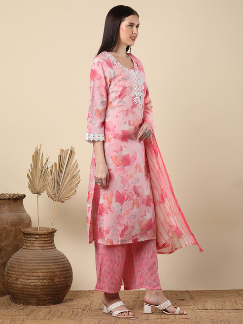 Abstract Printed & Mirror Embroidered Straight Kurta with Palazzo & Dupatta - Pink