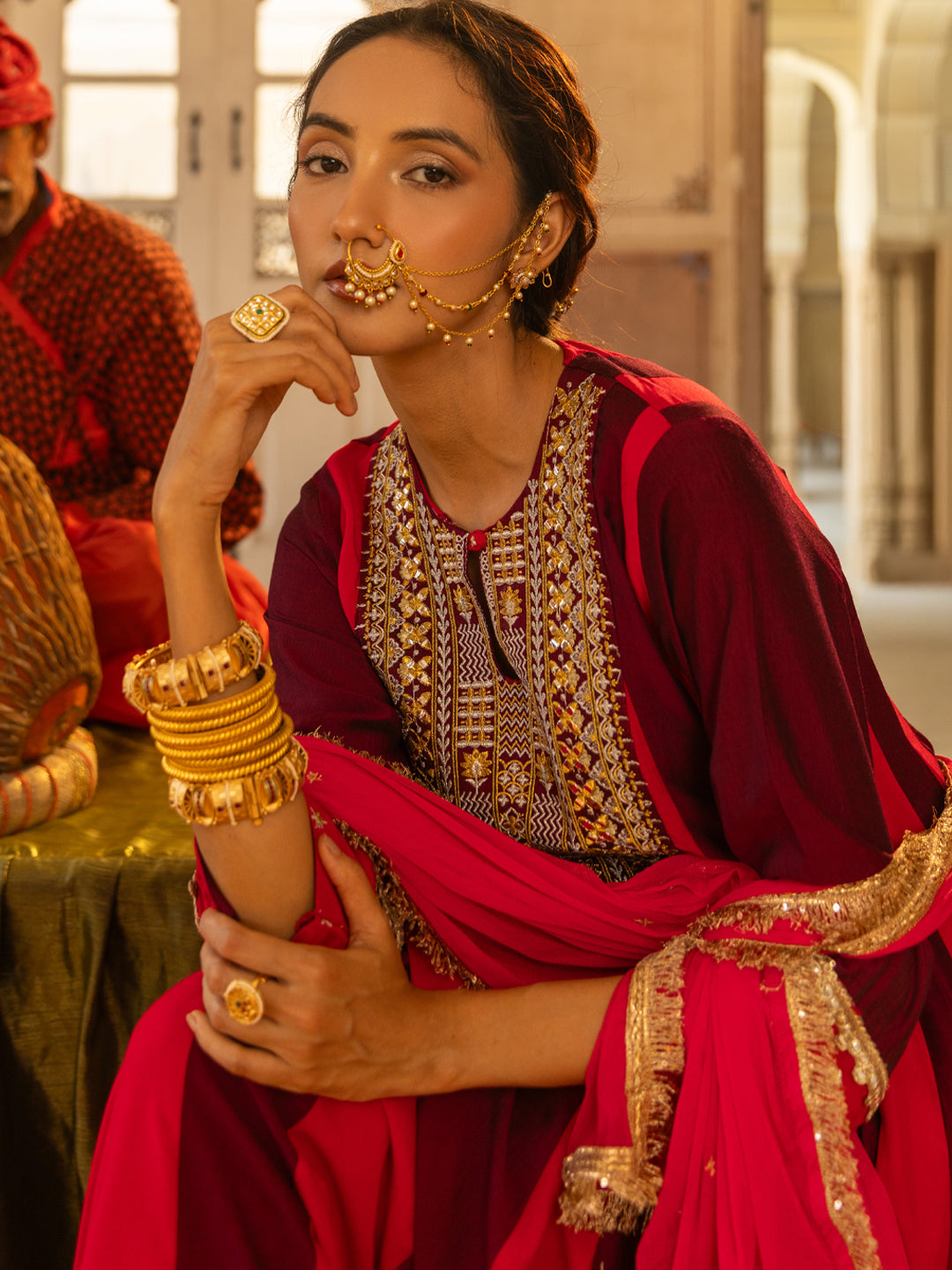 Solid Ethnic Zari Embroidered Anarkali Flared Kurta with Pant & Embroidered Dupatta - Multi