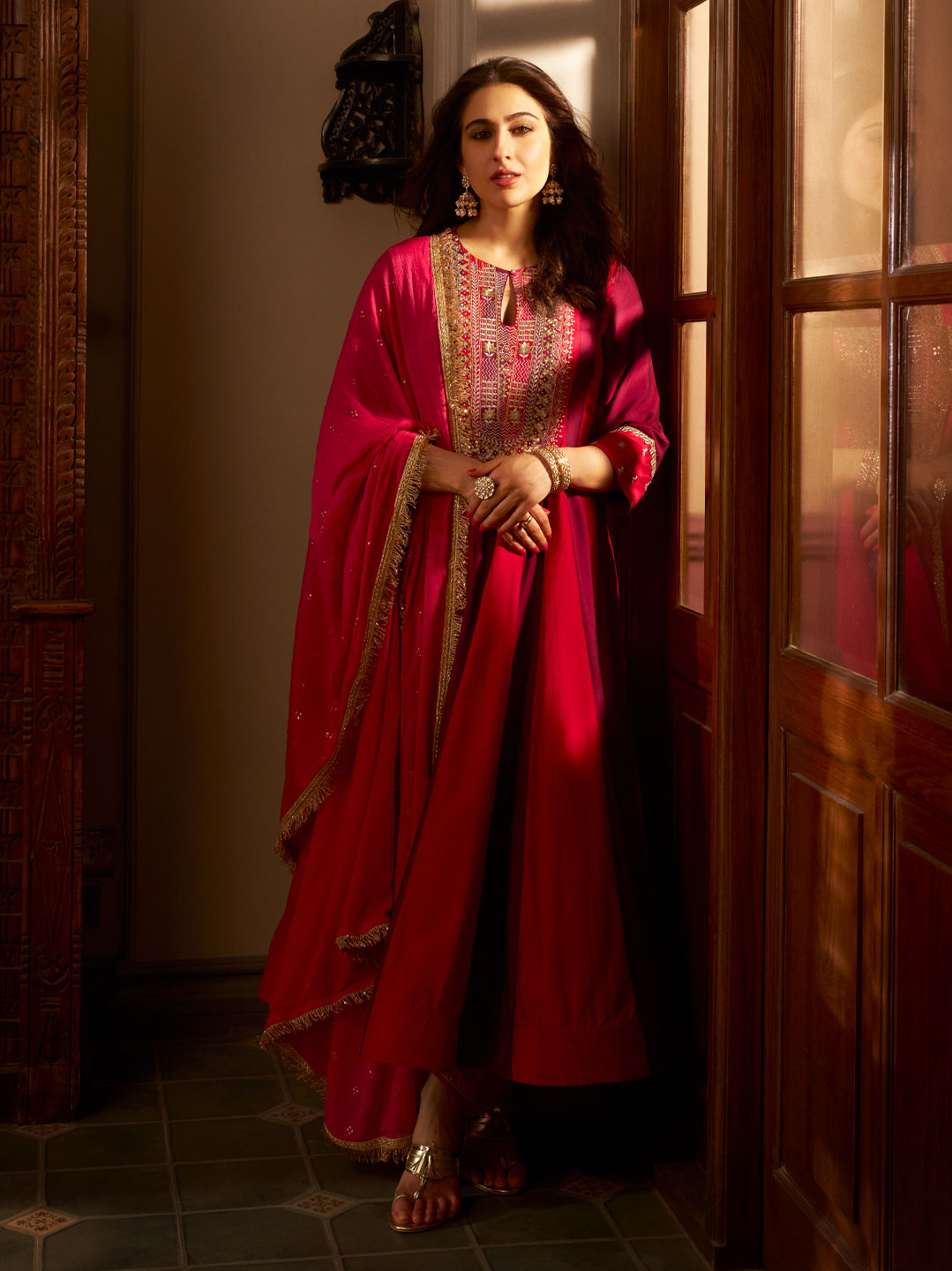 Solid Ethnic Zari Embroidered Anarkali Flared Kurta with Pant & Embroidered Dupatta - Multi