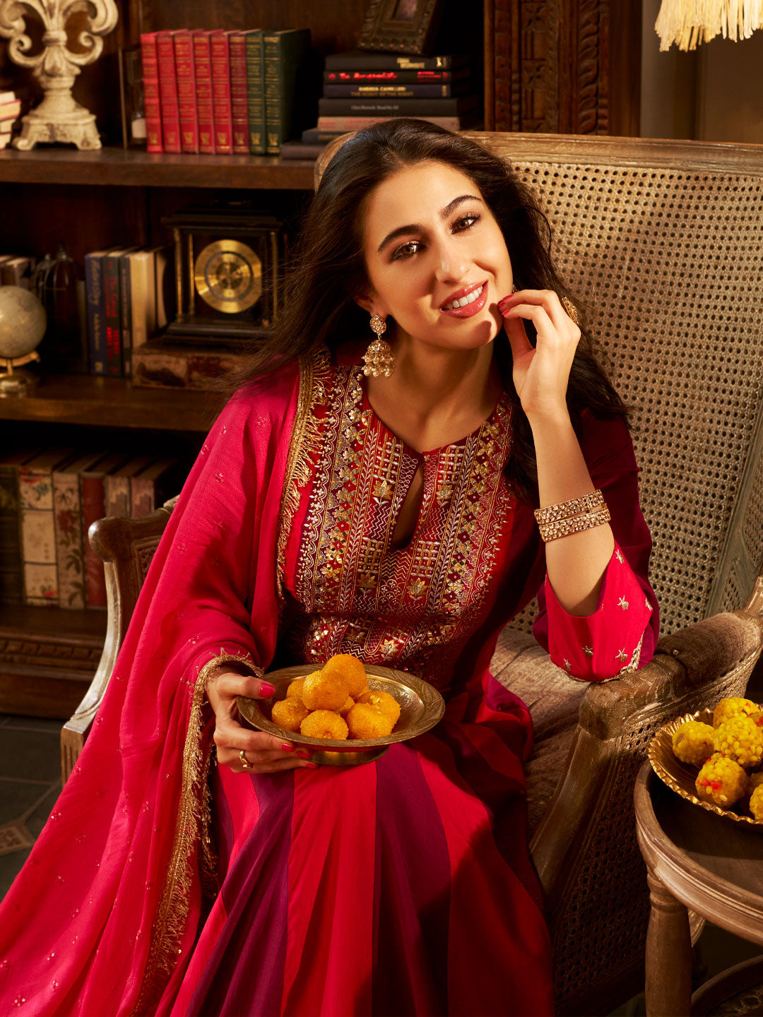 Solid Ethnic Zari Embroidered Anarkali Flared Kurta with Pant & Embroidered Dupatta - Multi