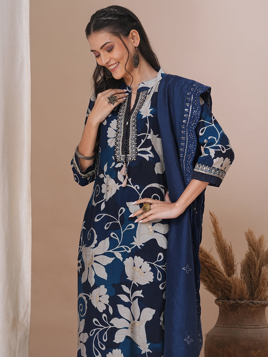 Abstract Floral Printed & Embroidered Straight Kurta with Pant & Dupatta - Blue