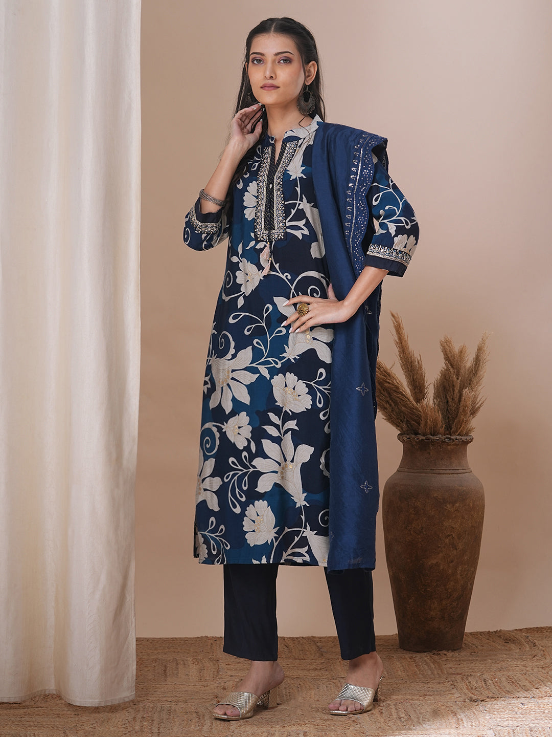 Abstract Floral Printed & Embroidered Straight Kurta with Pant & Dupatta - Blue