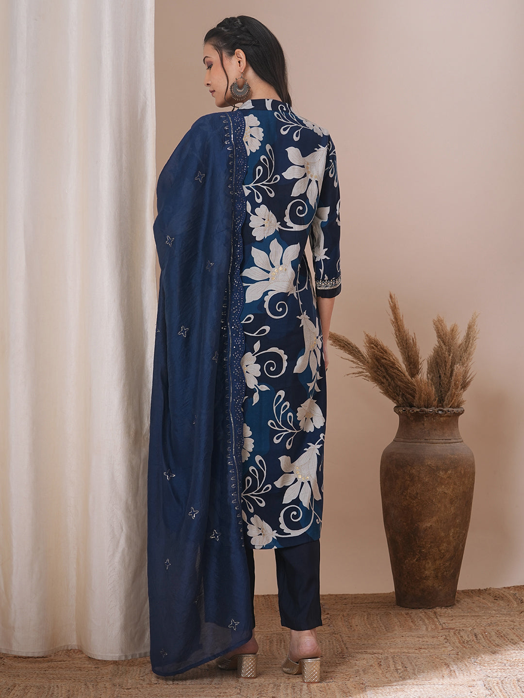 Abstract Floral Printed & Embroidered Straight Kurta with Pant & Dupatta - Blue